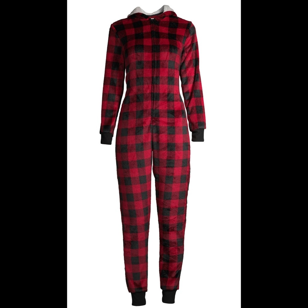 Women’s Buffalo Plaid Union Hooded Suit w/Antlers - 100% Polyester - Size Medium